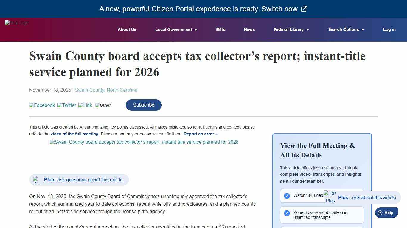 CitizenPortal.ai - Swain County board accepts tax collector’s report; instant-title service planned for 2026